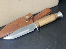 Vintage Large Damascus Bowie Knife Wooden Handle Timber Wolf Leather Sheath