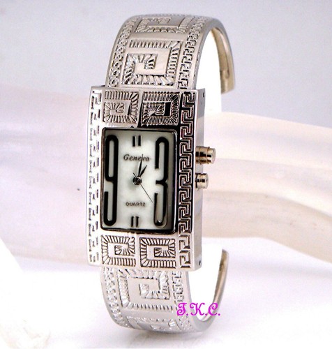 Déco Greek Key Mosaïque, Vintage Rhodium Plaqué Argent Bracelet, S'Allume Montre - Imagen 4 de 8