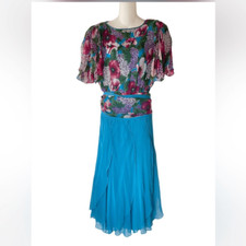 VINTAGE DIANE FREIS ORIGINAL SILK floral turquoise beaded maxi dress w scarf