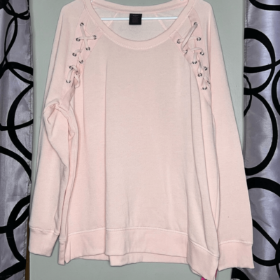 Material Girl Active Lace Up Crewneck Shoulder Sweater Blush Pink XL