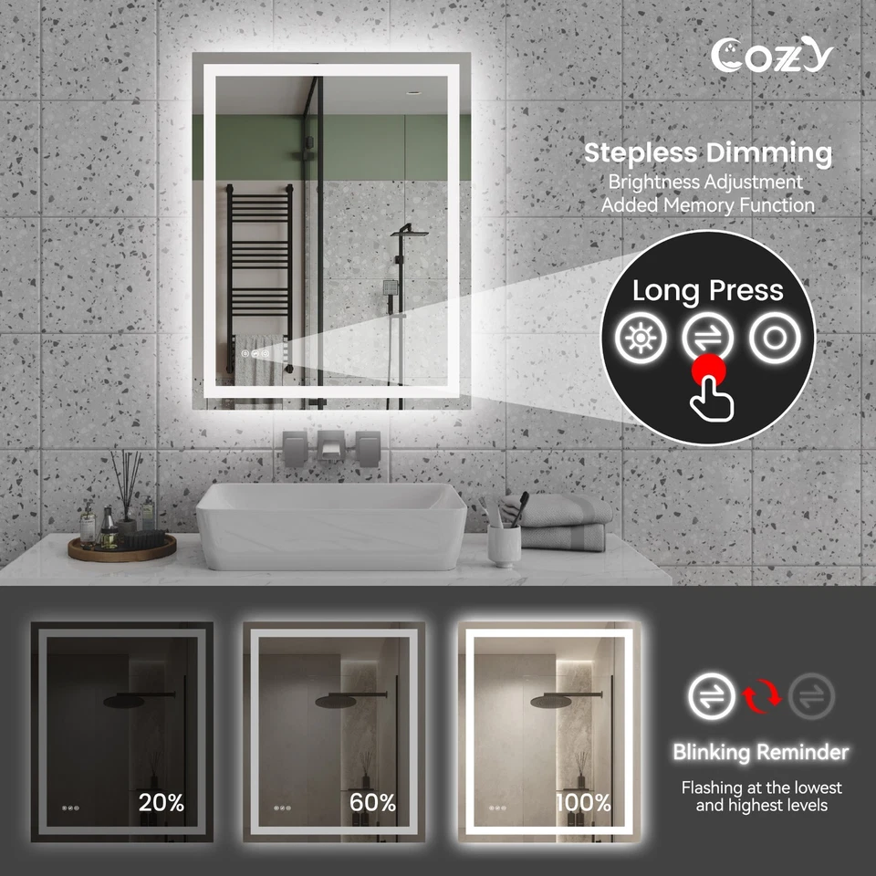 28x36'' LED Bathroom Mirror Wall Vanity Mirror Dimmable Anti-fog Tempered Glass - Image 4 of 4