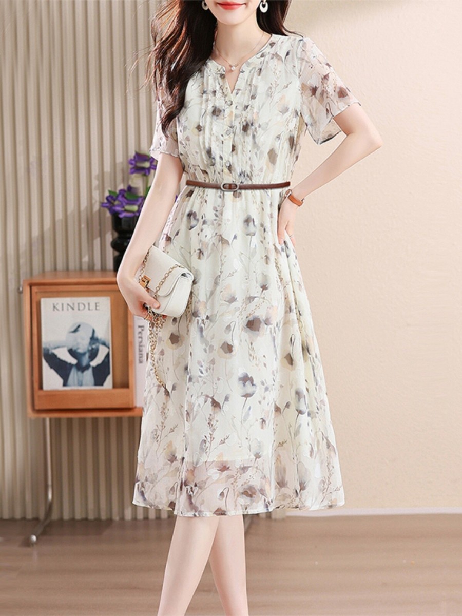 2025 New Summer Women's Chiffon Dress Floral Ice Silk Short Sleeve A-Line  Dress | eBay