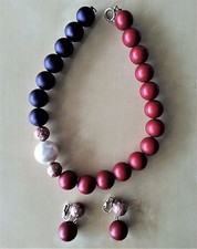 Wood Beads Necklace with Faux Pearl accent and Clip Earrings Set