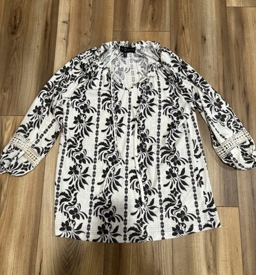 Fred David Women s Ivory Gray Boho Flowing V-neck Blouse Floral Sz Small