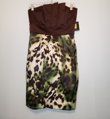 Teeze Me Juniors 13 Semi Formal Dress Strapless Brown Green Cheetah Pleated NWT