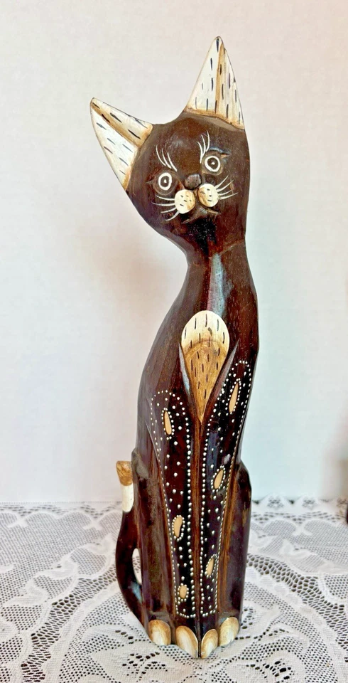 Juego de 3 estatuillas de gato de madera balinesa Albesia talladas a mano pintadas 10"-13" Foto 2 de 4