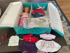 Vintage Ideal Pepper Doll Case W/ Doll & Clothing 1960's.  W Pink Hangers
