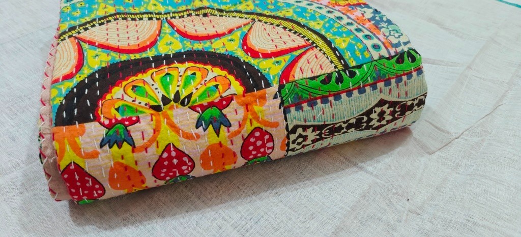 Indian Hand Block Multi Queen Size Cotton Kantha Quilt Throw Blanket Bedspread