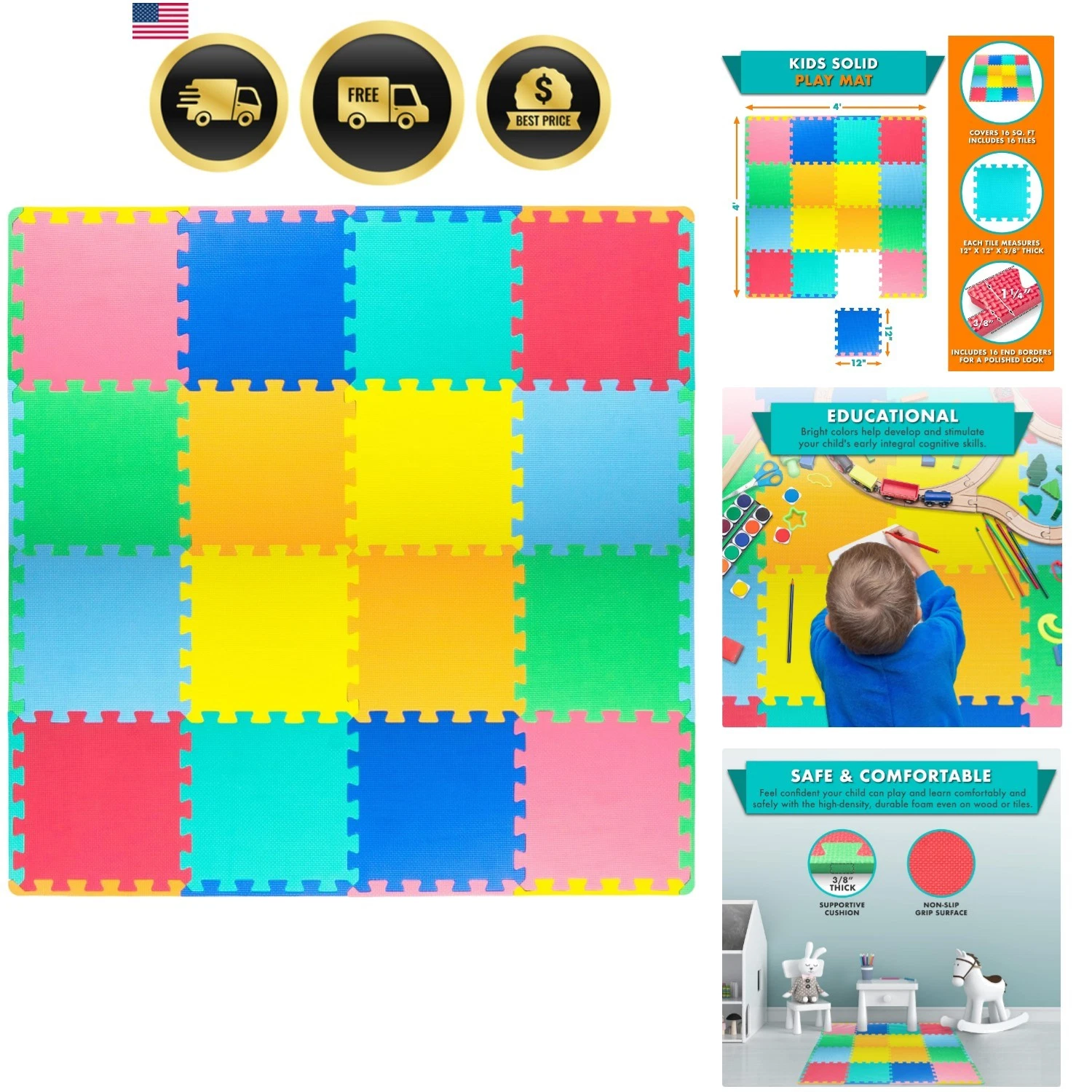 Foam Puzzle Floor Play Mat for Kids and Babies with Solid Colors, 36 or 16 In...