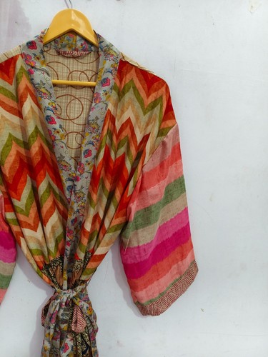 Silk Maternity Gown Bathrobe Sari Silk Kimono Multi Color Soft Robe , B-5349 - Picture 3 of 7