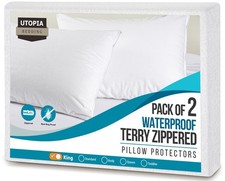 Set of 2 Waterproof Pillow Protectors with Zipper King Size, Terry Pillow Cov...