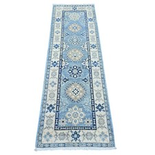 2'x6'1" Blue Vintage Look Kazak with Medallions Hand Knotted Wool Runner Rug