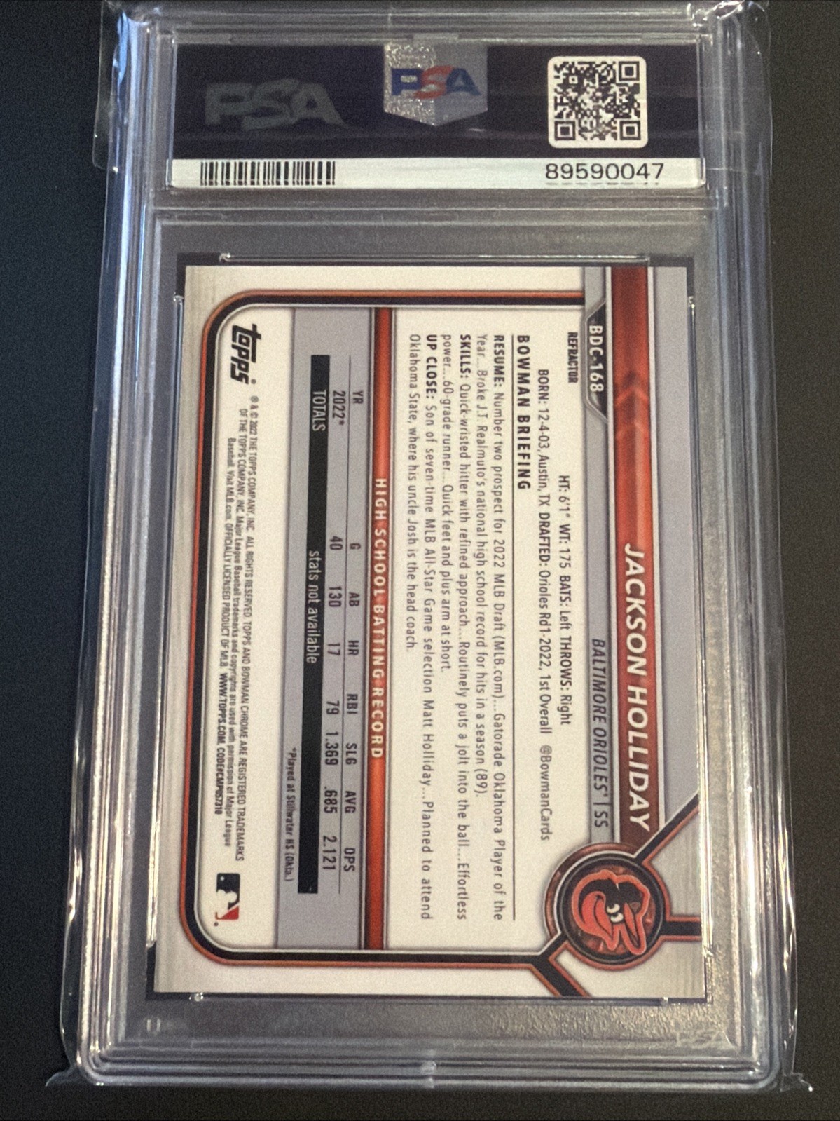 2022 Bowman Draft Jackson Holliday 1st Prospect Refractor PSA 10 view 2