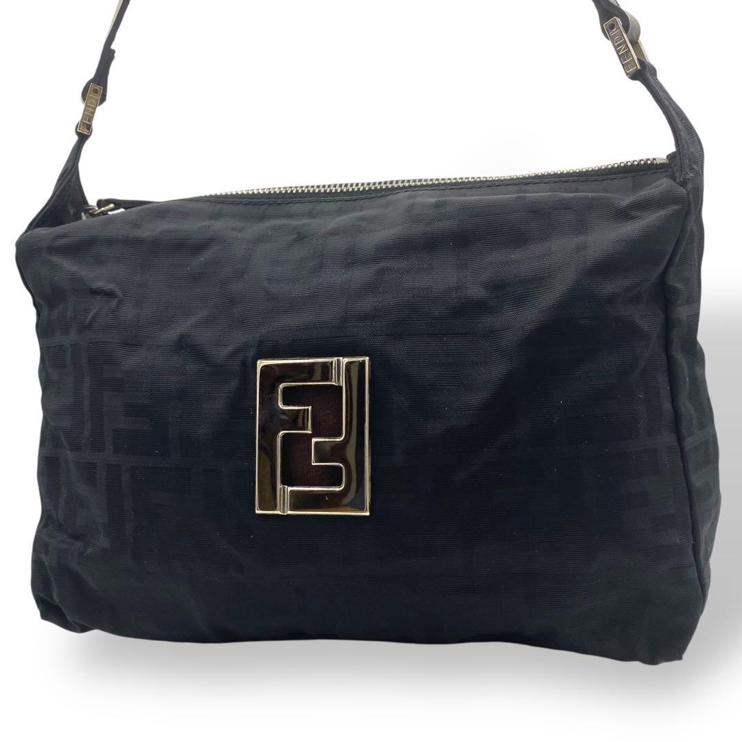 Fendi Zucca FF Logo Shoulder Bag Black with Metal Fittings Pre-Owned