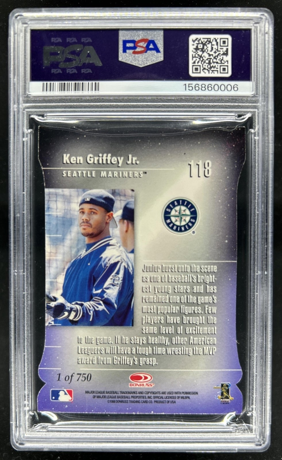 1998 Donruss Elite Ken Griffey Jr. Aspirations #/750 #118 Mariners PSA 7 view 2