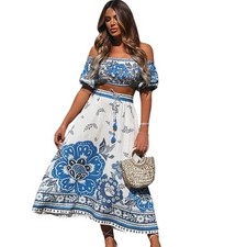 FARM Rio Brazil Exclusive Womens Floral Tile Puff Sleeve Crop Top Midi Skirt Set