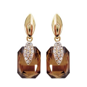 Authentic 18k Gold Plated Spindle Shape Metal White Crystal Square Brown Zircon Dangle Az1