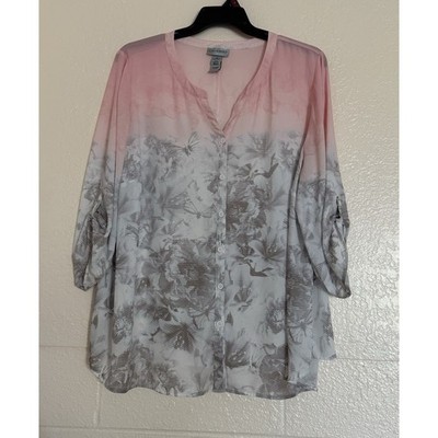 Catherines Button Down Top Womens 2X Pink Grey Floral Butterfly Roll Tab Office