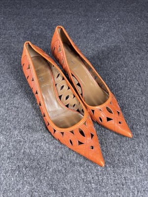 Miu Miu Shoes Womens Size 36.5 Orange Cutout Leather Kitten Heels