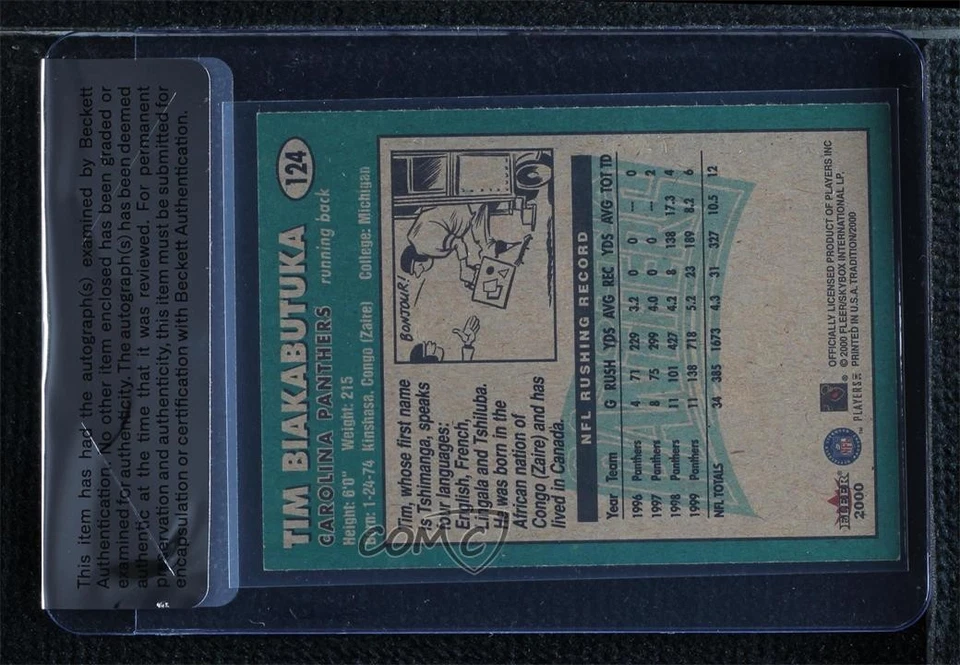 BAS 2000 Fleer Tradition Tim Biakabutuka #124 Seal of Authenticity Auto - Image 2 of 2