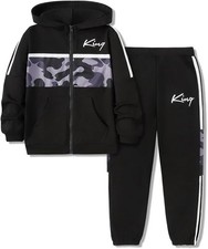 Boys Clothes Camo Color Block Zip Up Hoodie Sweatshirts Pants 2PCS 11-12y