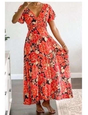 Abel The Label Anthropologie  Bright Floral Maxi Dress Boho Size XS Flowy Soft
