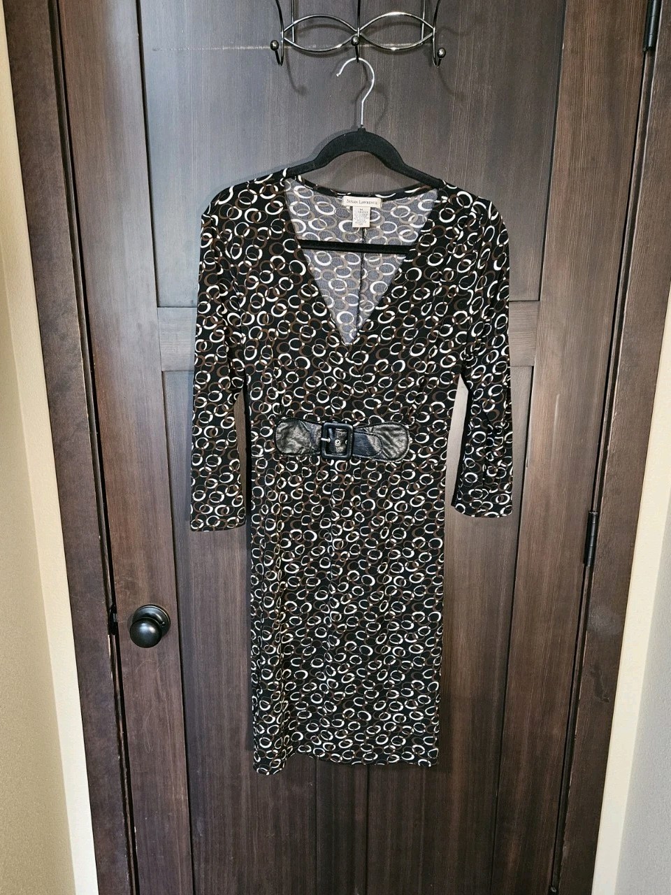 EUC  Women's Black & Brown Stretch Jersey Knit Tie Midi Dress Size Medium