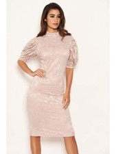 AX PARIS Womens Beige Pouf Sleeve Below The Knee Evening Sheath Dress 4