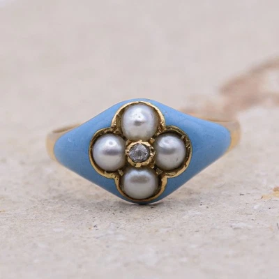 Viktorianischer Goldring: Rotkehlchen Ei blaue Emaille, Diamant im Altminenschliff und Saatperlen - Bild 1 von 4