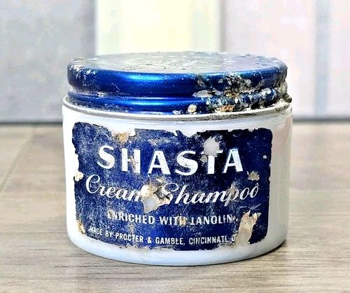 Vintage 1940s Shasta Cream Shampoo Jar Procter and Gamble Milk Glass Bottle