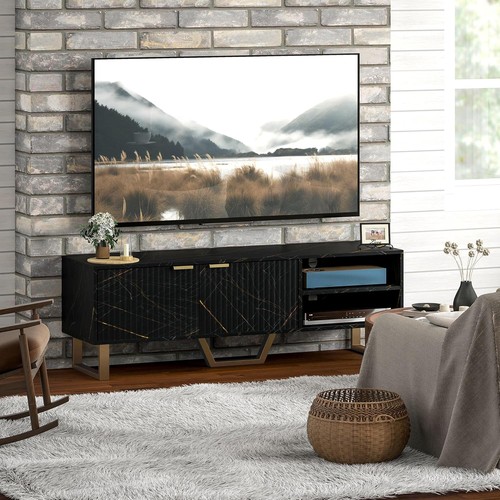 TV Unit Stand Cabinet Sideboard Shelves Display Black Marble Effect - Picture 7 of 9