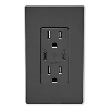 Leviton USB Dual Type-C Charger Tamper-Resistant Receptacle, 15A, Black: T5636-E