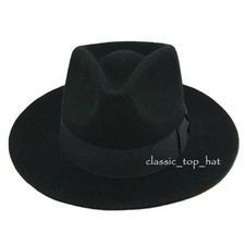 Gents Black Wide Brim Fedora Hat 100 Wool Hand Made Felt Trilby With Band