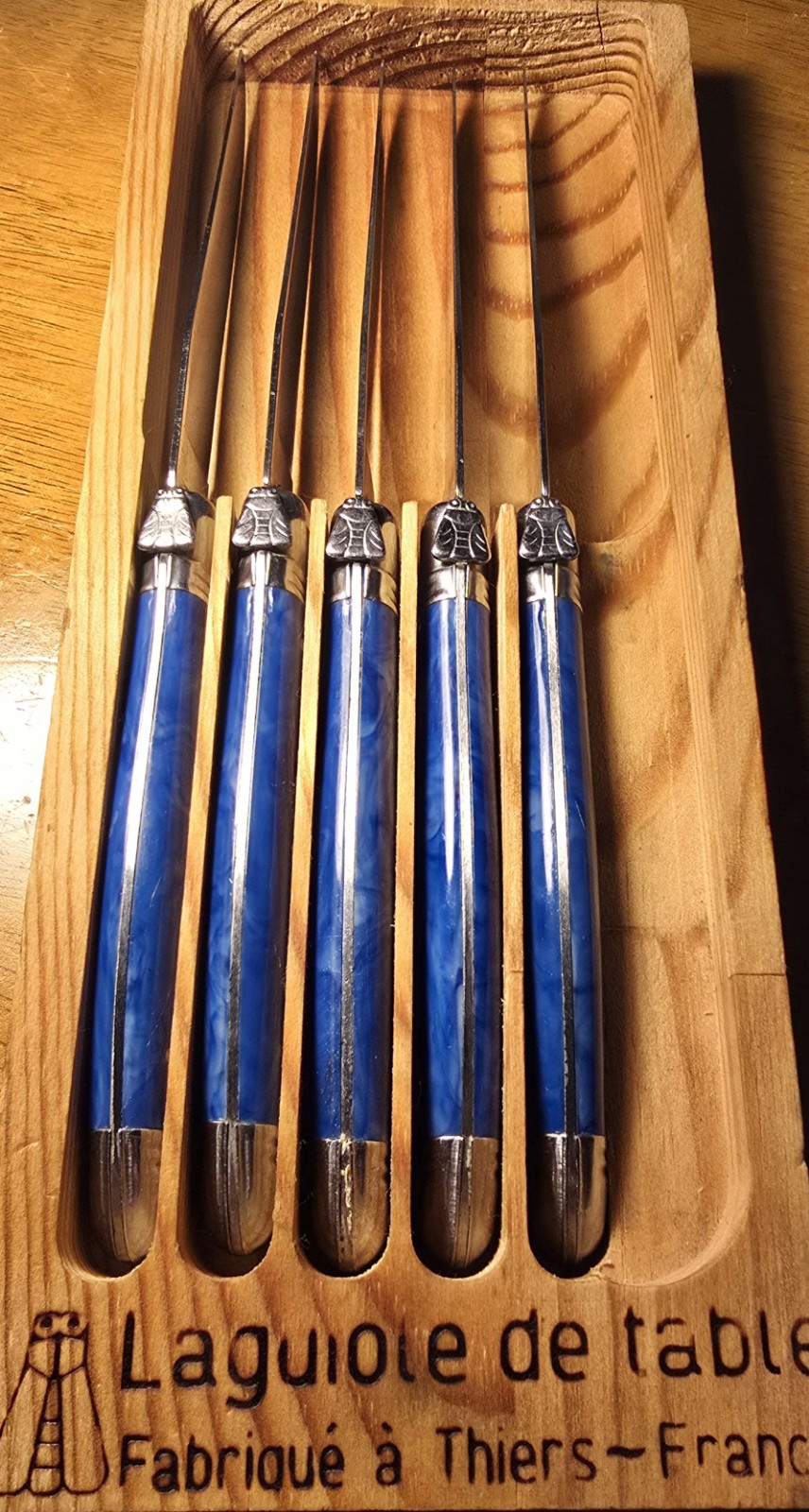 Authentic French Laguiole 5-Piece Steak Knife Set with Blue Marble and Silver Handle