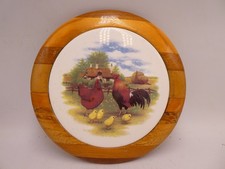 VINTAGE HAND PAINTED CHICKENS POTTERY TILE- AUSTRALIAN WOODEN BASE TEA POT STAND