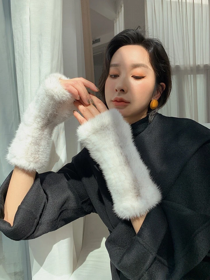 8 inch Women's Real Mink Fur Gloves Fingerless Knitted Wrist Cuffs Warm Sleeves - Image 4 of 4