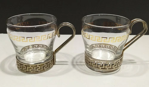 Lot 2 Vintage Libbey Gold Greek Key Glass Continental Coffee Cups Metal Holder  