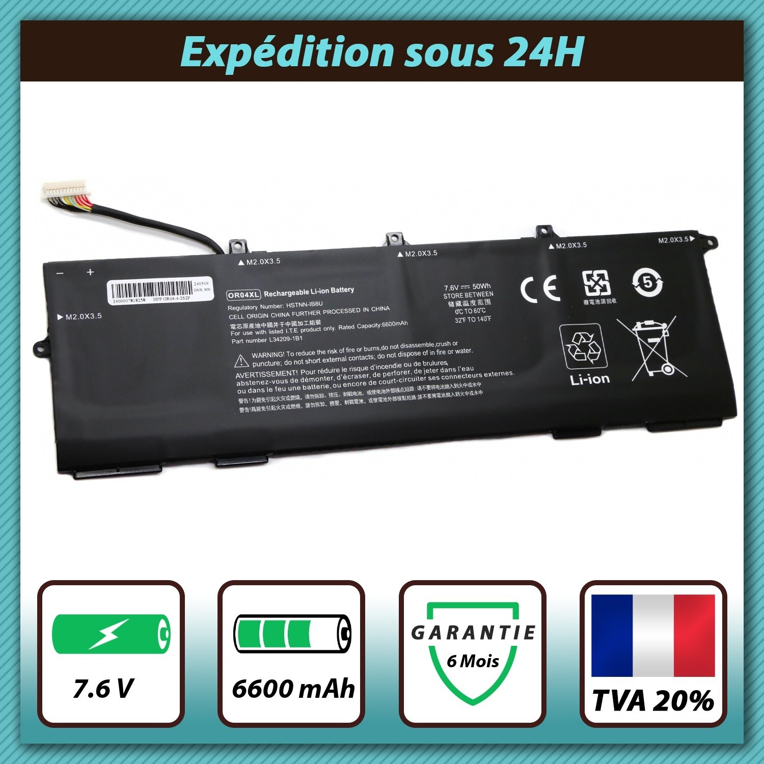 Batterie HP Zhan X 13 G2 de rechange avec technologie OR04XL 7.6V 6600mAh