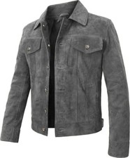 Leather Trucker Suede Jacket Men Retro Biker Motorcycle Western Cowboy Jacket