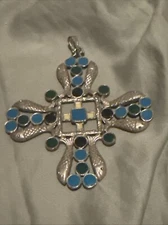 MALTESE CROSS WITH FISH BLUE Green LARGE PENDANT SIGNED ST. LABRE