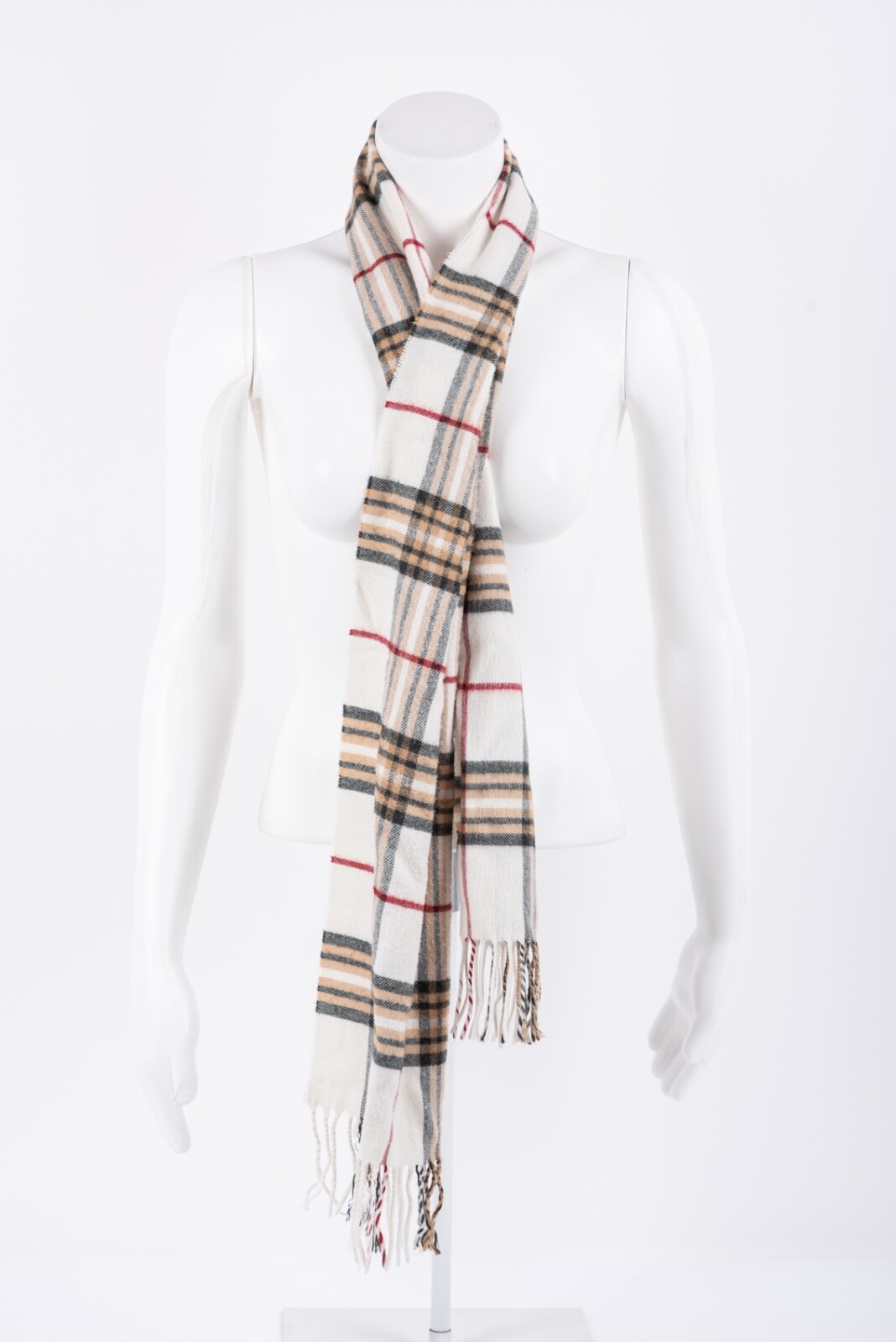 Womens V. Fraas Cashmink Scarf Wrap White Red Brown Plaid Fringe