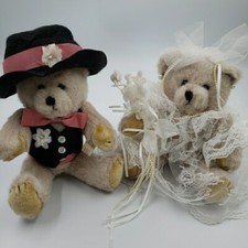Vintage Bride and Groom Plush Teddy Bear 80s 90s Wedding Jointed Stuffed Animal