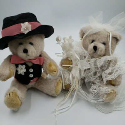 Vintage Bride and Groom Plush Teddy Bear 80s 90s Wedding Jointed Stuffed Animal