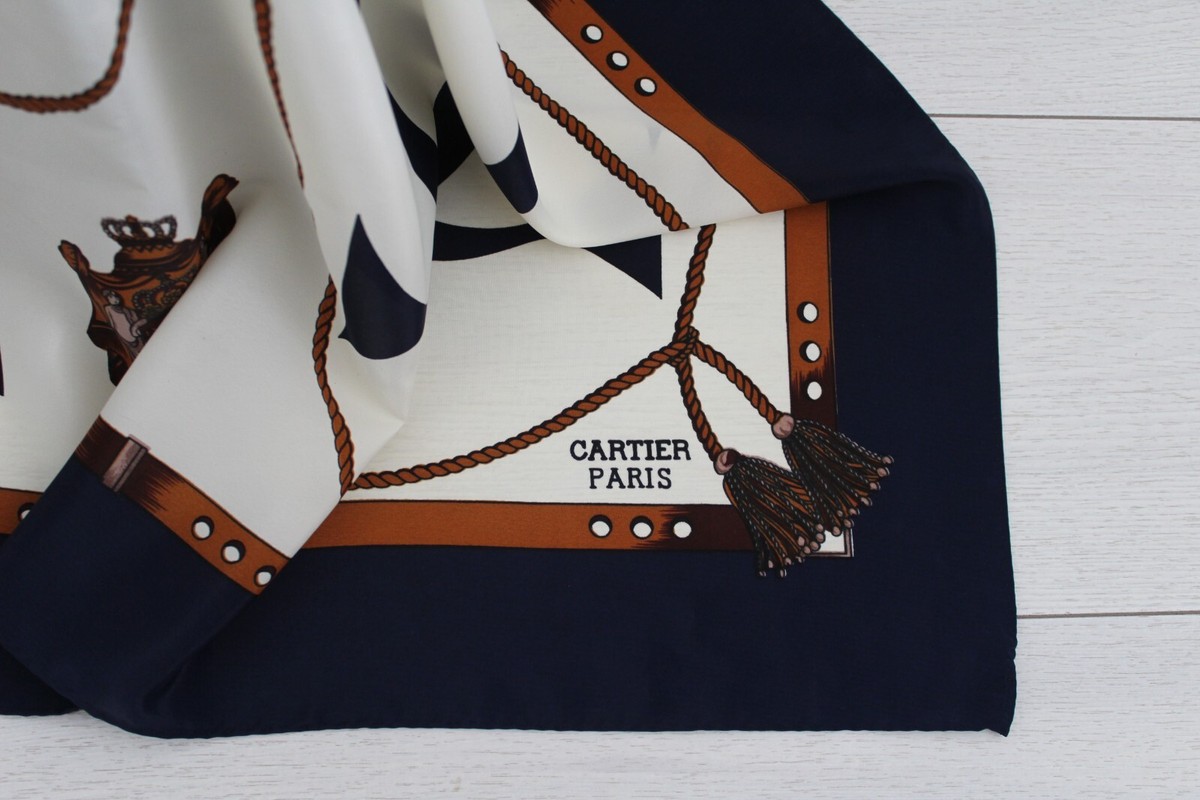 Vintage Cartier Scarf Women 100% Silk Logo Border Paris