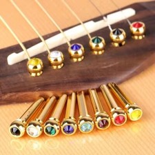 Brass Acoustic Guitar Bridge Pins Slotted End Pegs with Crystal Glass Gold 6 pc