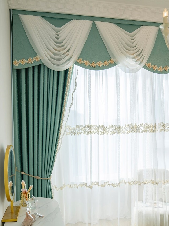 French modern simple bedroom green cloth blackout curtain valance drape ...