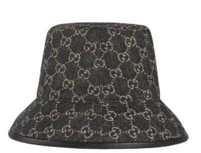 GUCCI GG Monogram Denim Bucket Leather Trim Hat Large, 59cm Unisex $550