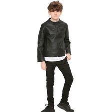 Kids Boys Black Jacket PU Leather Motorcycle Biker Stylish Jacket