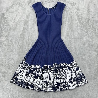 Nic+Zoe Dress Small Ribbed Knit Abstract Career Classic Stretch Retro Navy Blue