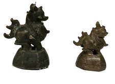 Lot of 2 Antique Burmese Bronze Opium Weights Chinthe Lion 1 Tical 1/2 Tical